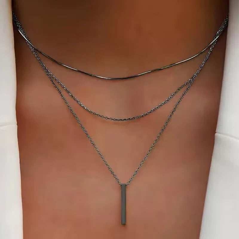 Black Metal Color Boho Layered Pendant Necklace For Women