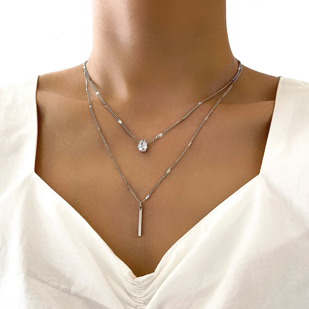 Silver Metal Color Boho Layered Pendant Necklace For Women